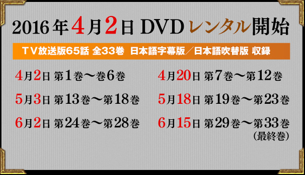 2016年4月2日 DVDレンタル開始(ＴＶ放送版65話 全33巻  日本語字幕版／日本語吹替版 収録)